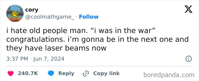 Tweet text about joking on old people in war with mention of laser beams, part of viral posts that made people go hmmm.