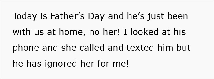 Text message expressing disbelief about husband ignoring affair partner on Father's Day despite 8-year affair situation.
