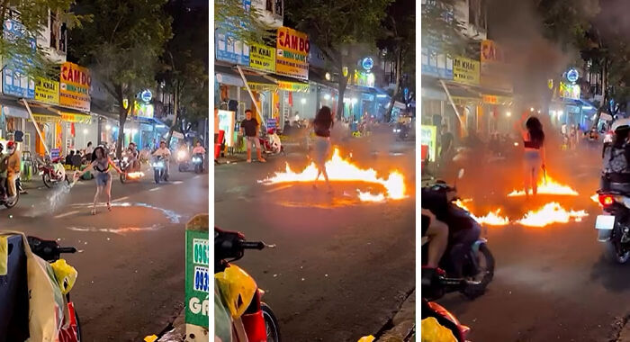 Influencer performing a dangerous stunt with fire on a busy street, showcasing unhinged actions for crazy views.