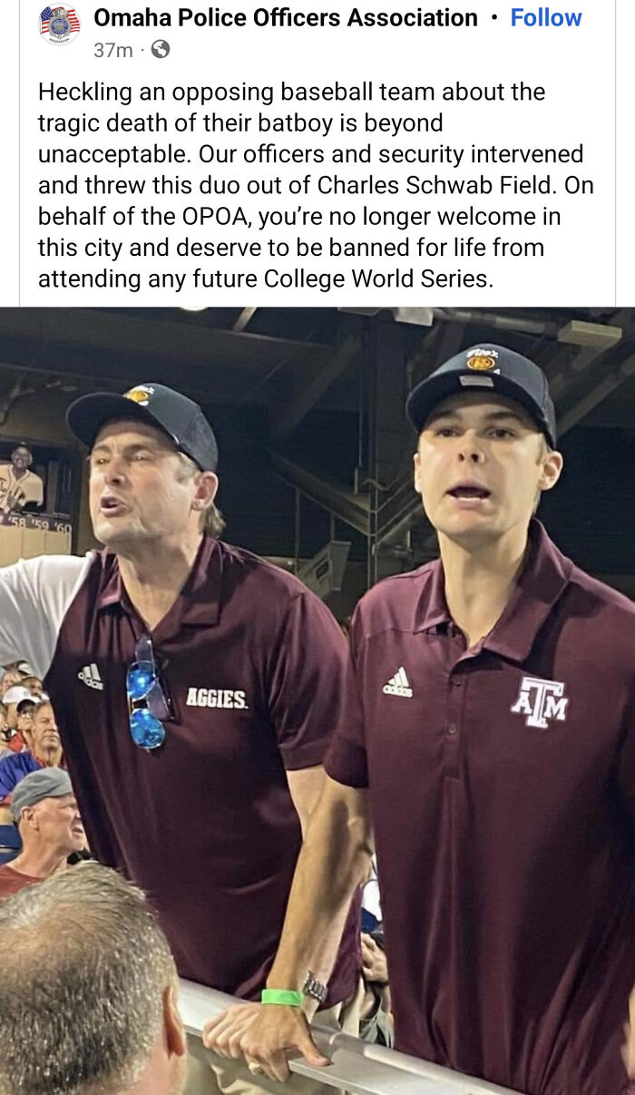 Two men wearing maroon Aggies and Texas A&M shirts arguing at a crowded sports event, showcasing bubble-breaking behavior.
