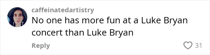 Comment from a user named caffeinatedartistry saying no one has more fun at a Luke Bryan concert than Luke Bryan.