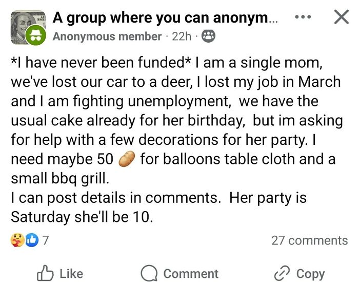 Post from a single mom asking for help with party decorations and supplies during unemployment struggles.
