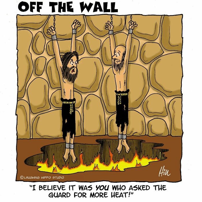 Two cartoon characters hanging above flames in a dungeon setting, illustrating dungeon fails in an offbeat comic style.