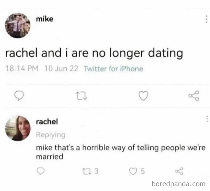 Funny meme showing a Twitter exchange where a breakup tweet is corrected as revealing marriage status.