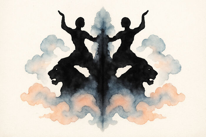Rorschach inkblot featuring symmetrical figures and shapes surrounded by soft blue and peach clouds on a white background.