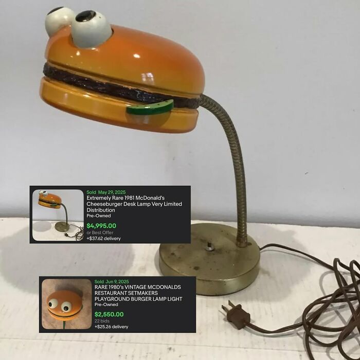 Vintage McDonald's cheeseburger desk lamp secondhand find with playful eyes and flexible neck, rare collectible item for sale.