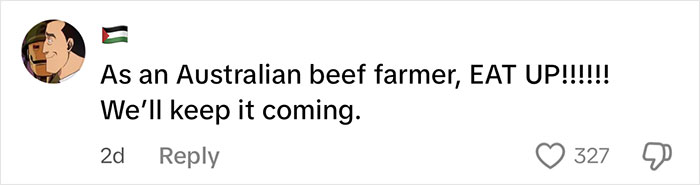 Social media comment from a user expressing support for Australian beef farmers amid China dropping US products.