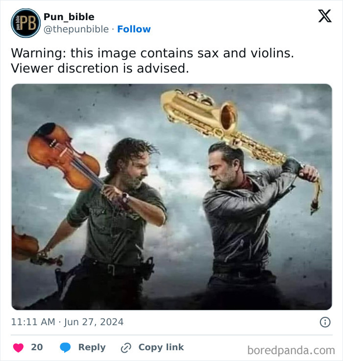 Two men in a dramatic pose wielding a violin and a saxophone, showcasing hilarious pun memes and wordplay comedy.