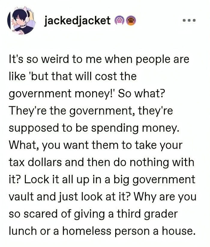 Powerful meme text discussing government spending, taxes, and social issues shared by a Facebook group.