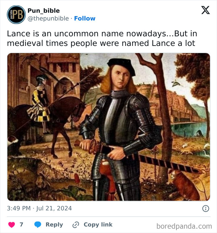 Medieval knight holding a lance with a pun meme about the uncommon name Lance, showcasing hilarious wordplay comedy.