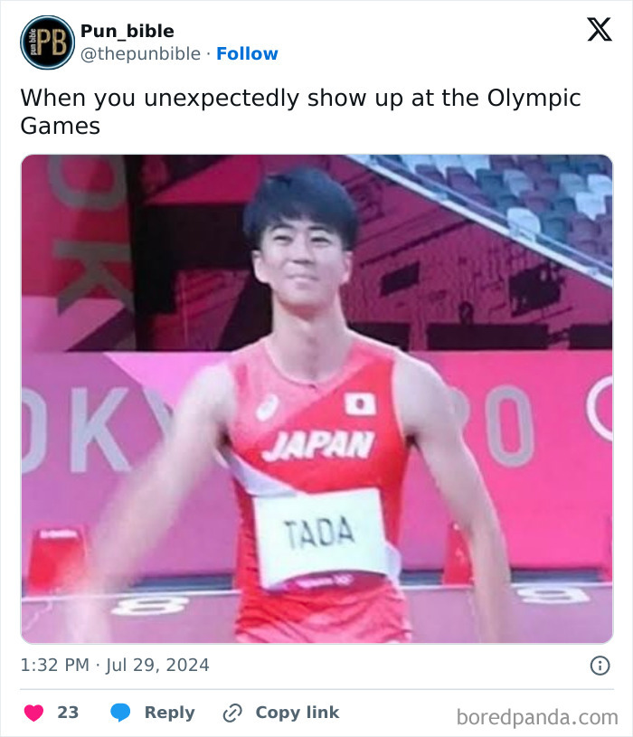 Athlete at Olympic Games wearing Japan uniform with pun name tag, showcasing hilarious pun meme wordplay comedy.