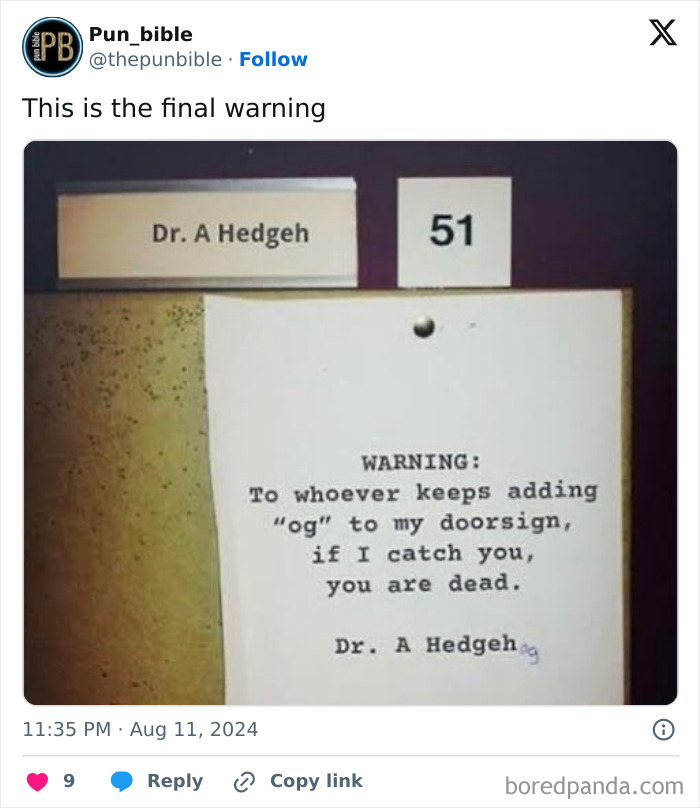 Funny pun meme showing a warning note about adding wordplay to a doctor’s name on a doorsign.