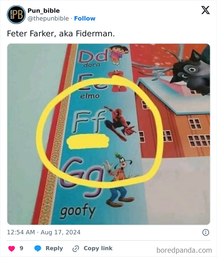 Alphabet wall with cartoon characters and a pun meme highlighting wordplay humor and funny pun memes.