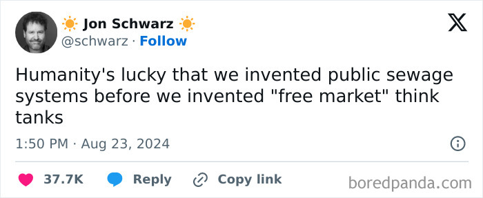 Screenshot of a tweet highlighting a thought that made people go hmmm about public sewage and free market think tanks.