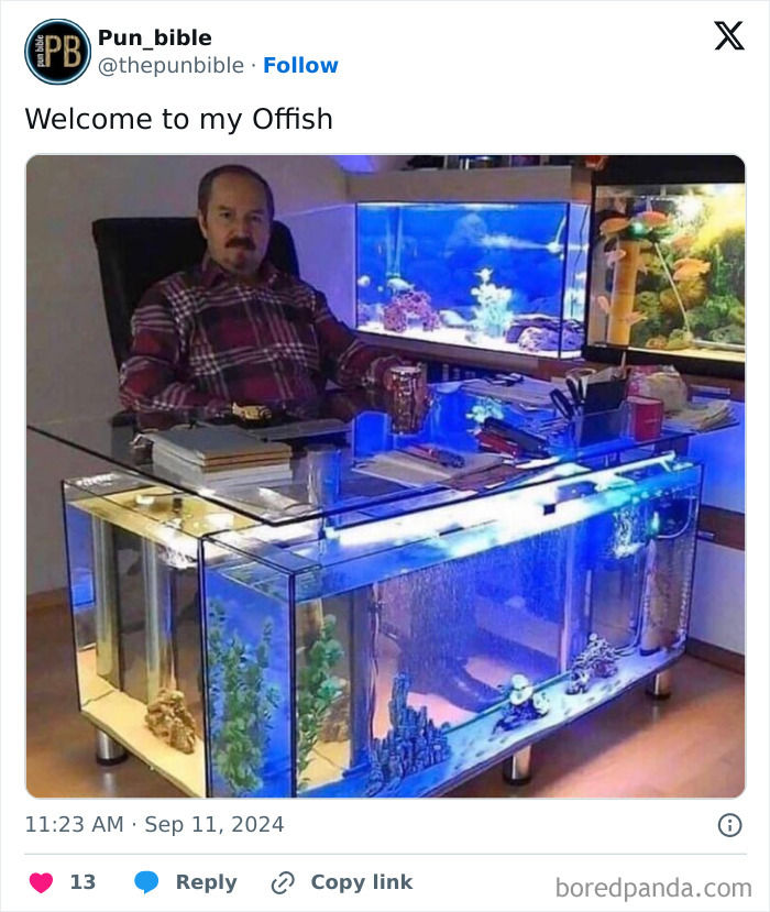 Man sitting at a unique fish tank desk, showcasing a hilarious pun meme about wordplay and comedy.