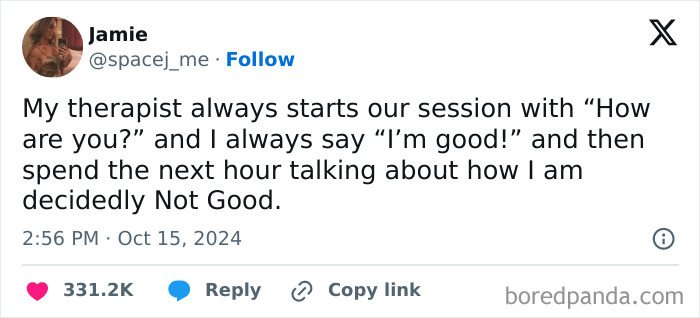 Funny tweet about therapy sessions and mental health, featured among 100 hilarious tweets shared on an IG page.