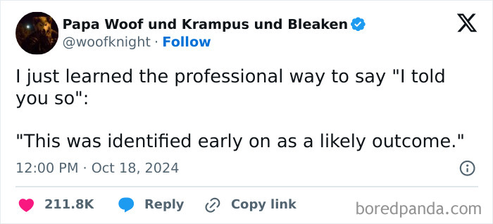 Text image with a humorous professional phrase about saying I told you so, offering a serotonin boost from the IG page.