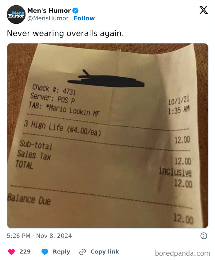 Receipt showing a funny restaurant tab with the phrase Mario Lookin MF, part of curious and shareable moments.