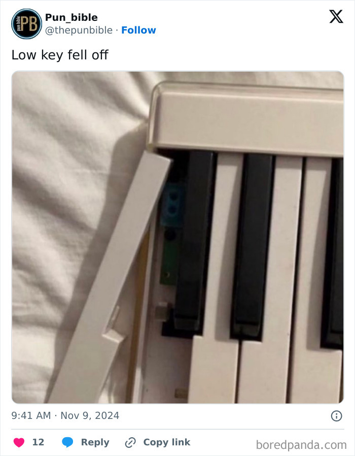 Broken piano key detached from keyboard illustrating hilarious pun meme wordplay humor.