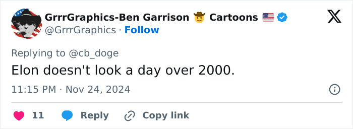Tweet by GrrrGraphics-Ben Garrison humorously commenting on Elon Musk&rsquo;s sudden aging after his feud with Donald Trump.