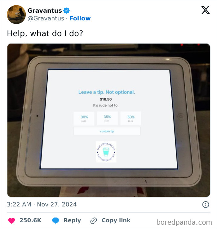 Tablet screen displaying tipping options with mandatory tip percentages, highlighting ridiculous tipping culture pressures.