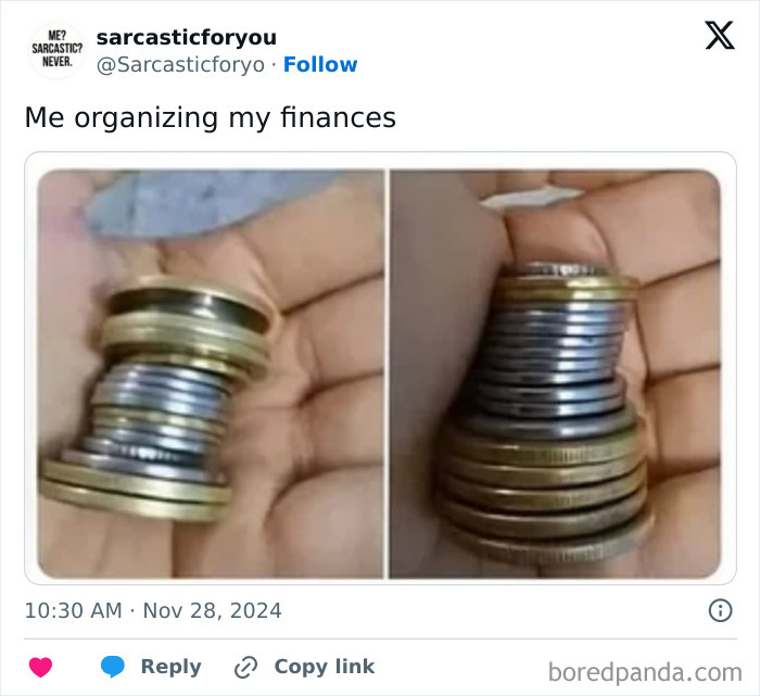 Hand holding coins in two images, humorously showing the struggle of organizing finances in a hilarious meme.