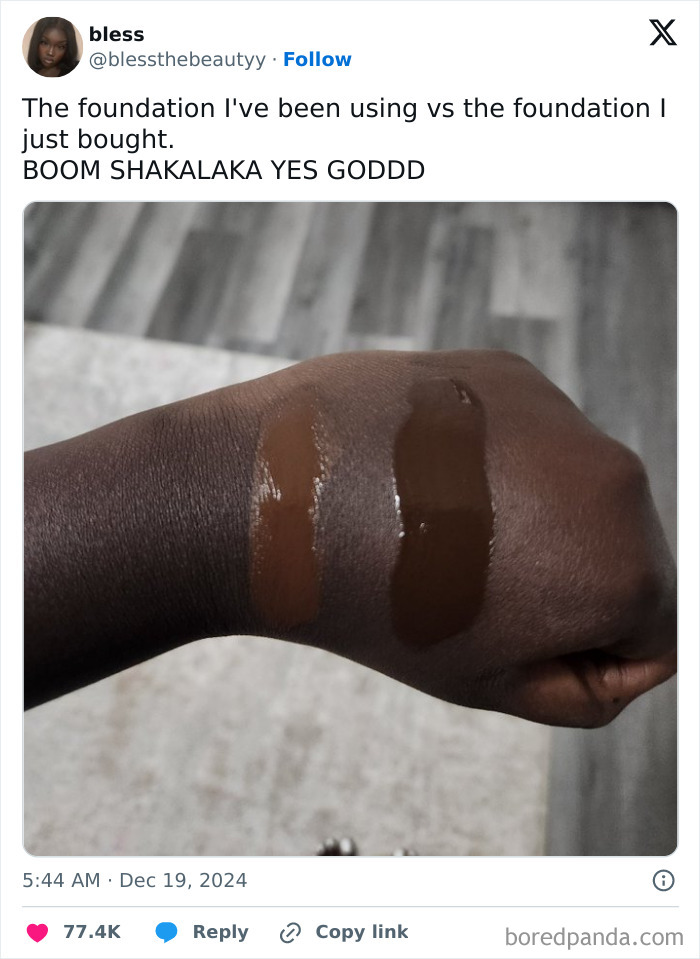 Comparison of two foundation shades on dark skin showing variety in makeup tones and texture differences.