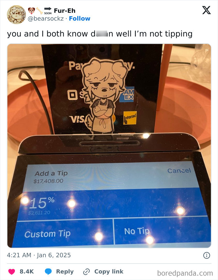 Payment screen showing an outrageously high tipping amount highlighting the ridiculous tipping culture today.