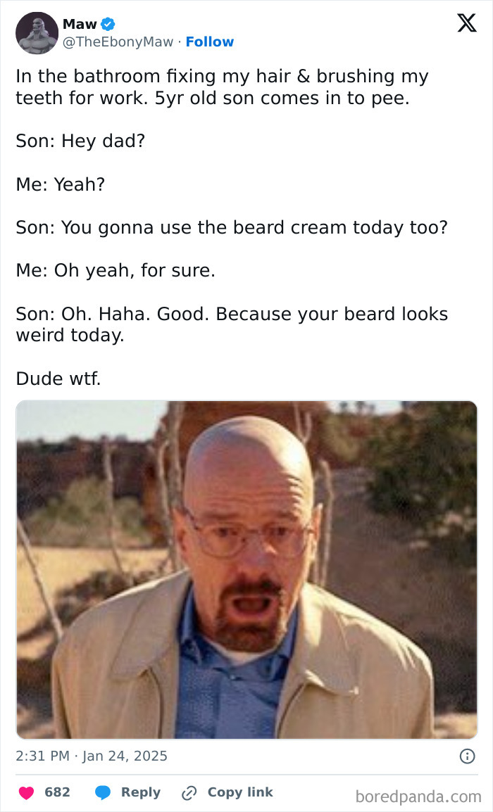 Tweet sharing a funny parenting moment about beard cream with a surprised man, highlighting humorous parenting posts on X.