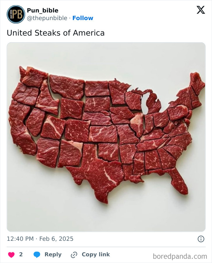 Map of the United States made of raw steak pieces, showcasing a hilarious pun meme with creative wordplay comedy.