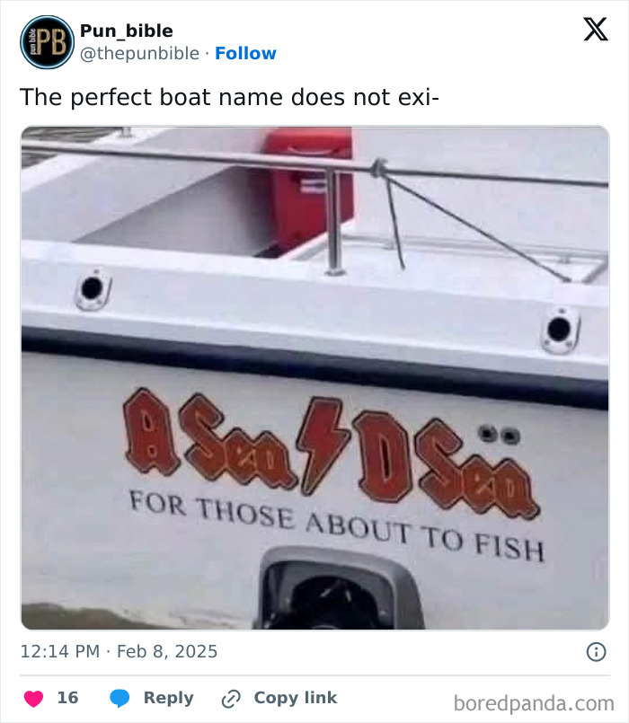 Boat named A Sea D Sea with pun wordplay, humorously referencing the phrase for those about to fish.