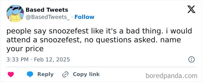 Screenshot of a funny mom post tweet about attending a snoozefest, highlighting humor in mom-related social media posts.