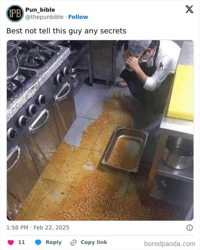 Chef in kitchen upset over spilled beans on the floor, illustrating a hilarious pun meme about secrets and wordplay comedy.
