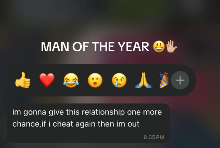 Text message screenshot showing a relationship ultimatum with Man of the Year caption and various emojis.