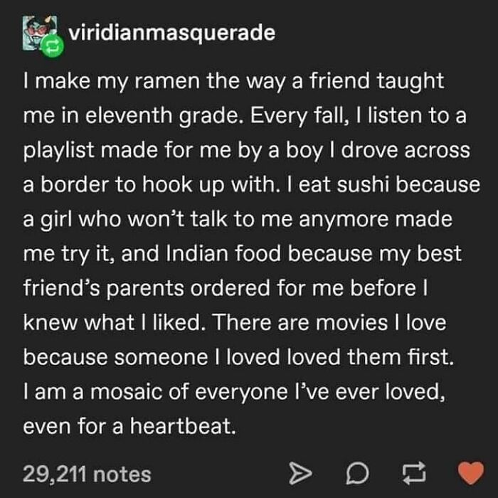 Text post about personal memories tied to food and love, reflecting wholesome moments to restore faith in humanity.