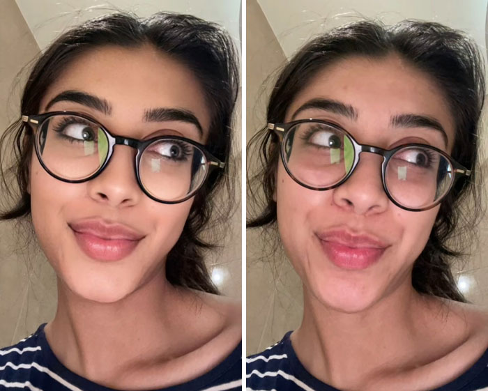 Young woman wearing glasses showing her face with and without filters in a side-by-side comparison for real look.