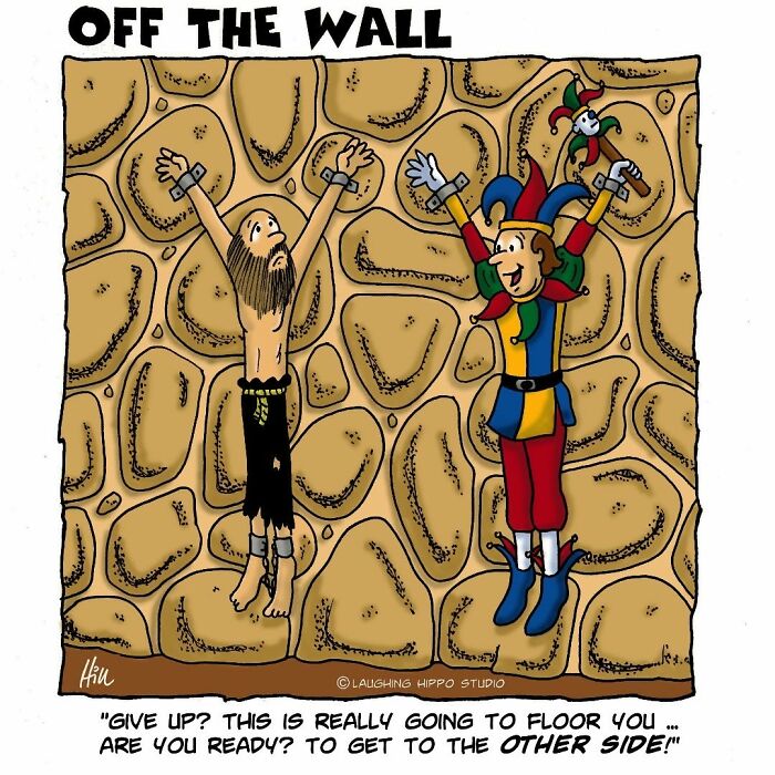 Cartoonist comic showing dungeon fails with prisoner and jester stuck on opposite sides of stone wall in a humorous scene