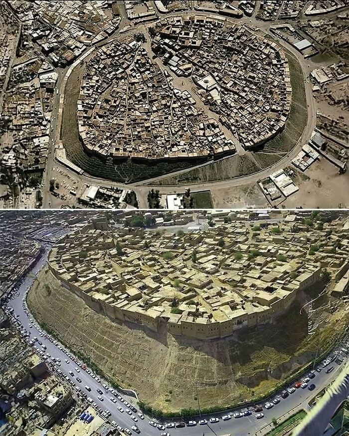 Aerial views of an ancient walled city showcasing historical architecture and urban planning in archaeology world.