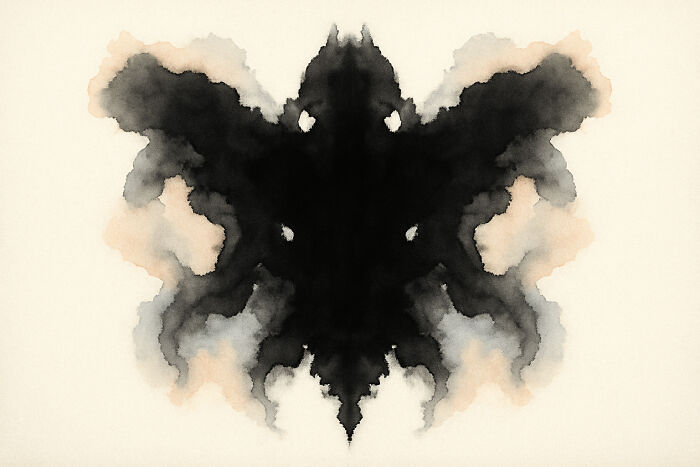 Rorschach inkblot with symmetrical black shapes and gray shades on a beige background for inkblot poll analysis.