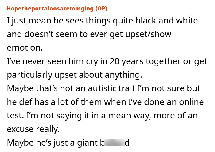Alt text: Forum post discussing emotional traits with mention of mom stunned after dad leaves sick daughter in hospital for Glastonbury tickets.