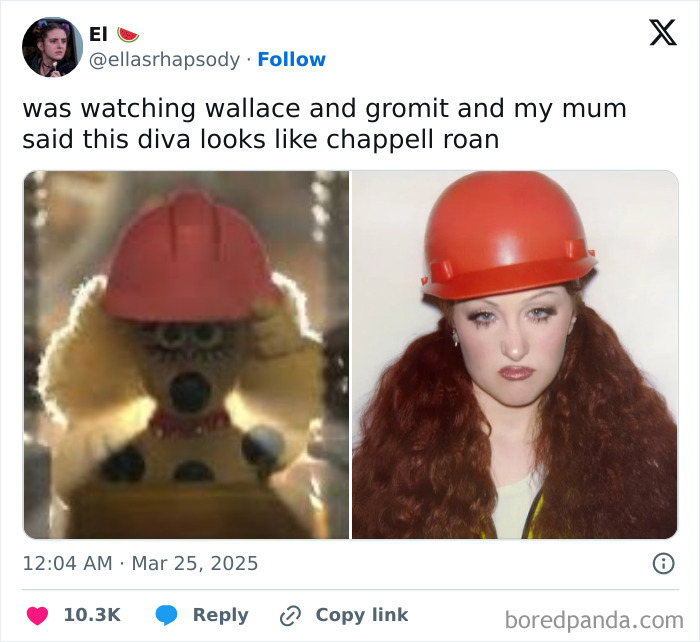 Comparison of a claymation character and a woman wearing orange construction helmets, connecting generations on social media.