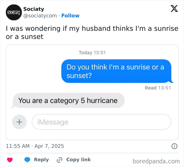 Text message exchange showing a humorous reply calling someone a category 5 hurricane, making people go hmmm.