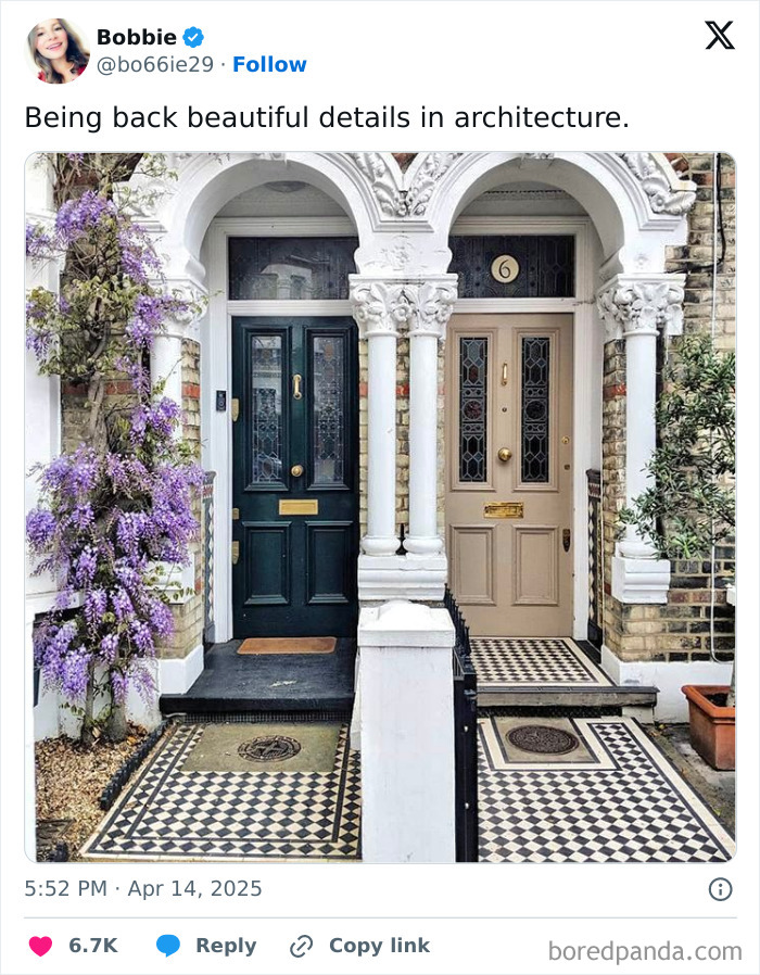 British humor post showing beautiful architectural details on two adjacent front doors with floral accents.