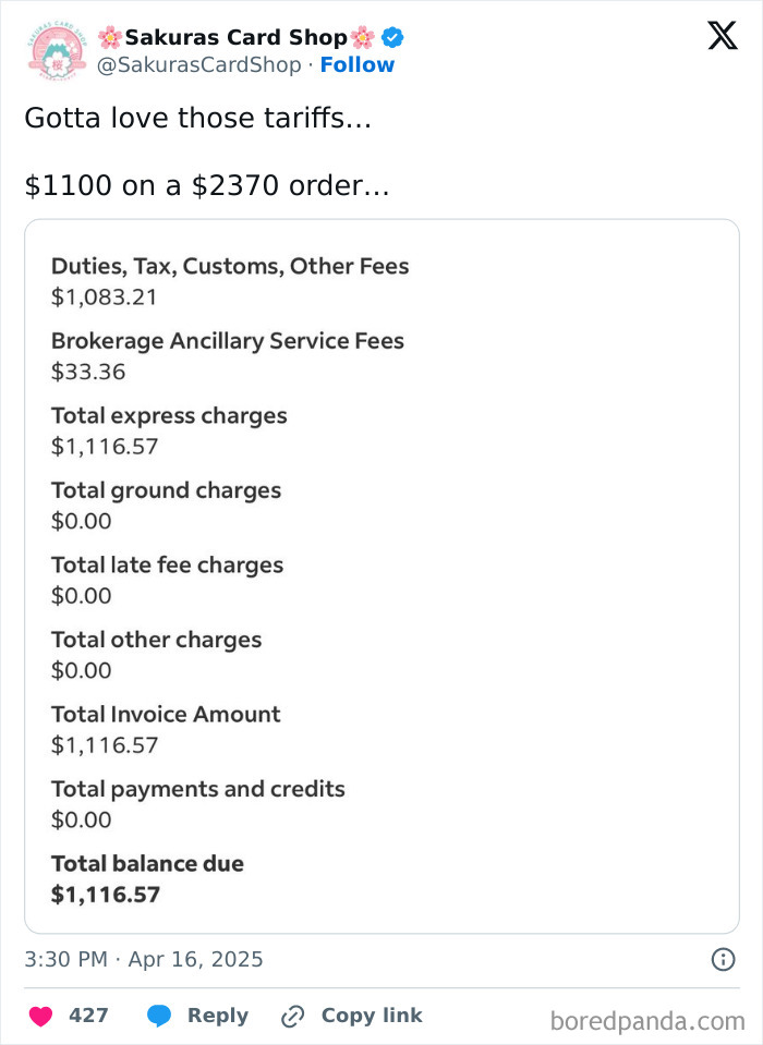 Tweet showing shocking tariff costs of over $1100 on a $2370 order, highlighting high tariff costs impacting American wallets.