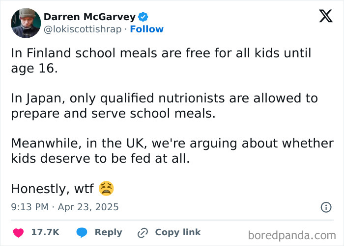 Screenshot of a humorous British tweet highlighting school meal policies in Finland, Japan, and the UK.