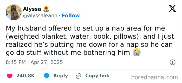 Tweet about a husband setting up a nap area including weighted blanket and book, related to daily serotonin boost pics on IG.