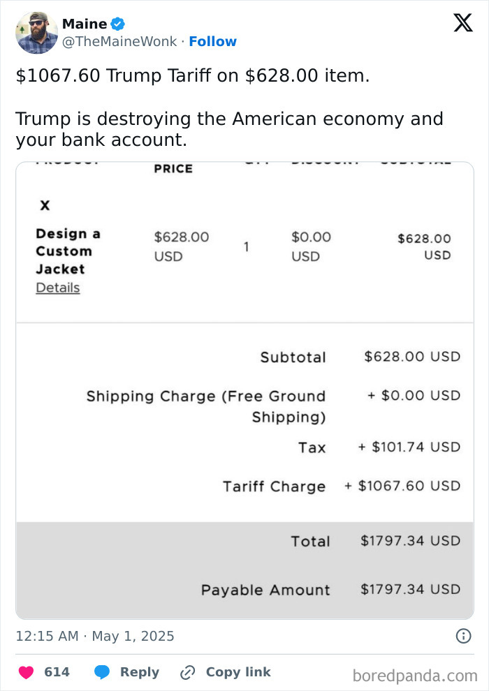 Screenshot of a tweet showing shocking tariff costs on a custom jacket hitting American wallets with high tariff charges.