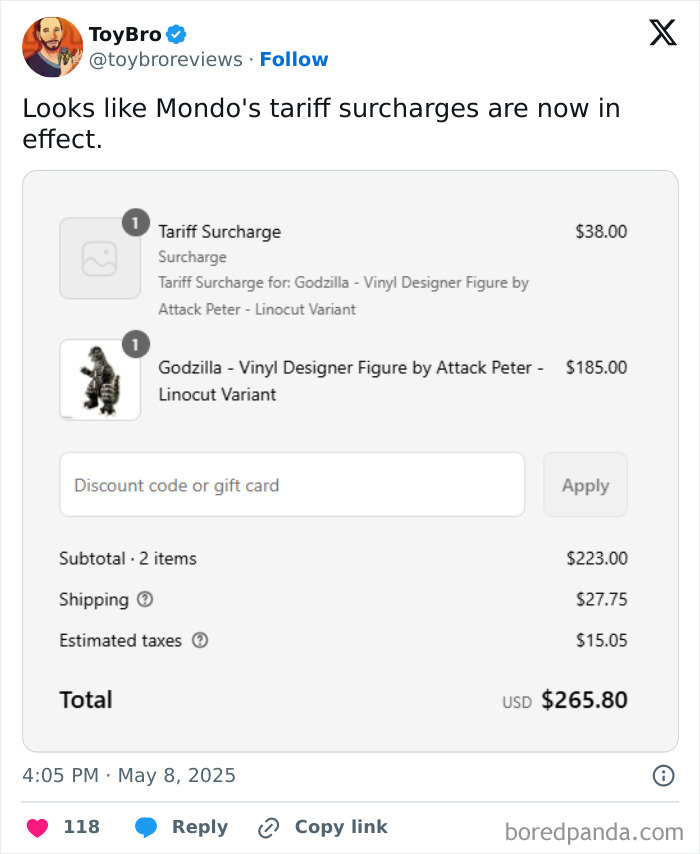 Checkout screen showing a $38 tariff surcharge added to the price of a Godzilla vinyl designer figure.