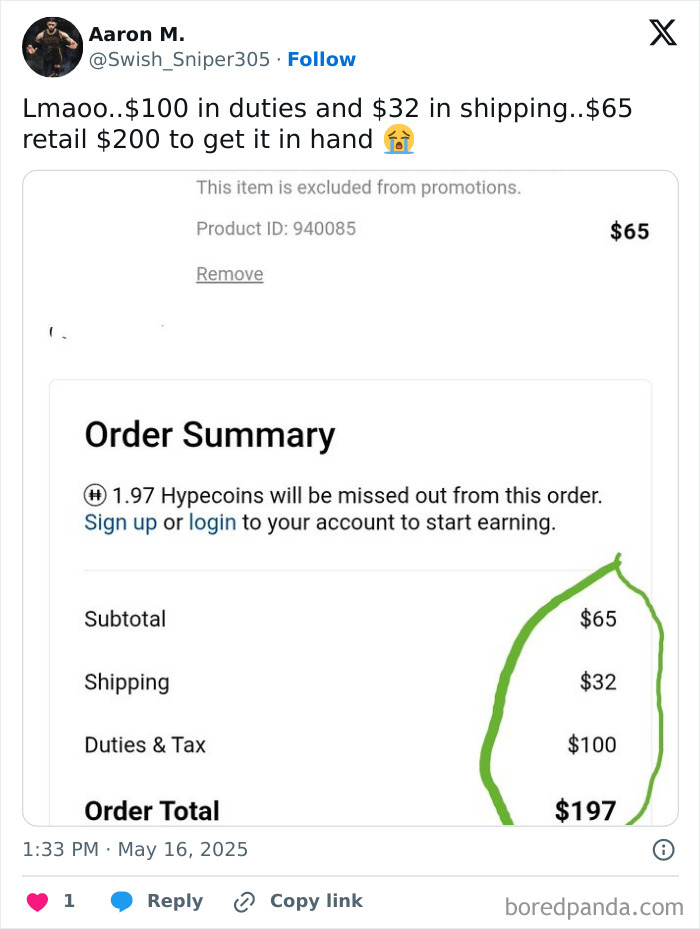 Screenshot of order summary showing shocking tariff costs including $100 duties raising total to $197 impacting Americans' wallets.