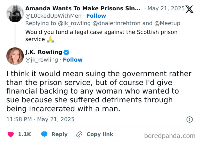Screenshot of a Twitter exchange featuring J.K. Rowling discussing funding legal cases amid controversy over Harry Potter cash and anti-trans projects. Screenshot of a Twitter exchange featuring J.K. Rowling discussing funding legal cases amid controversy over Harry Potter cash and anti-trans projects.